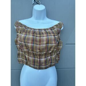 American Eagle Plaid Off Shoulder Crop Peasant Top Brown Women's Sz M NWT